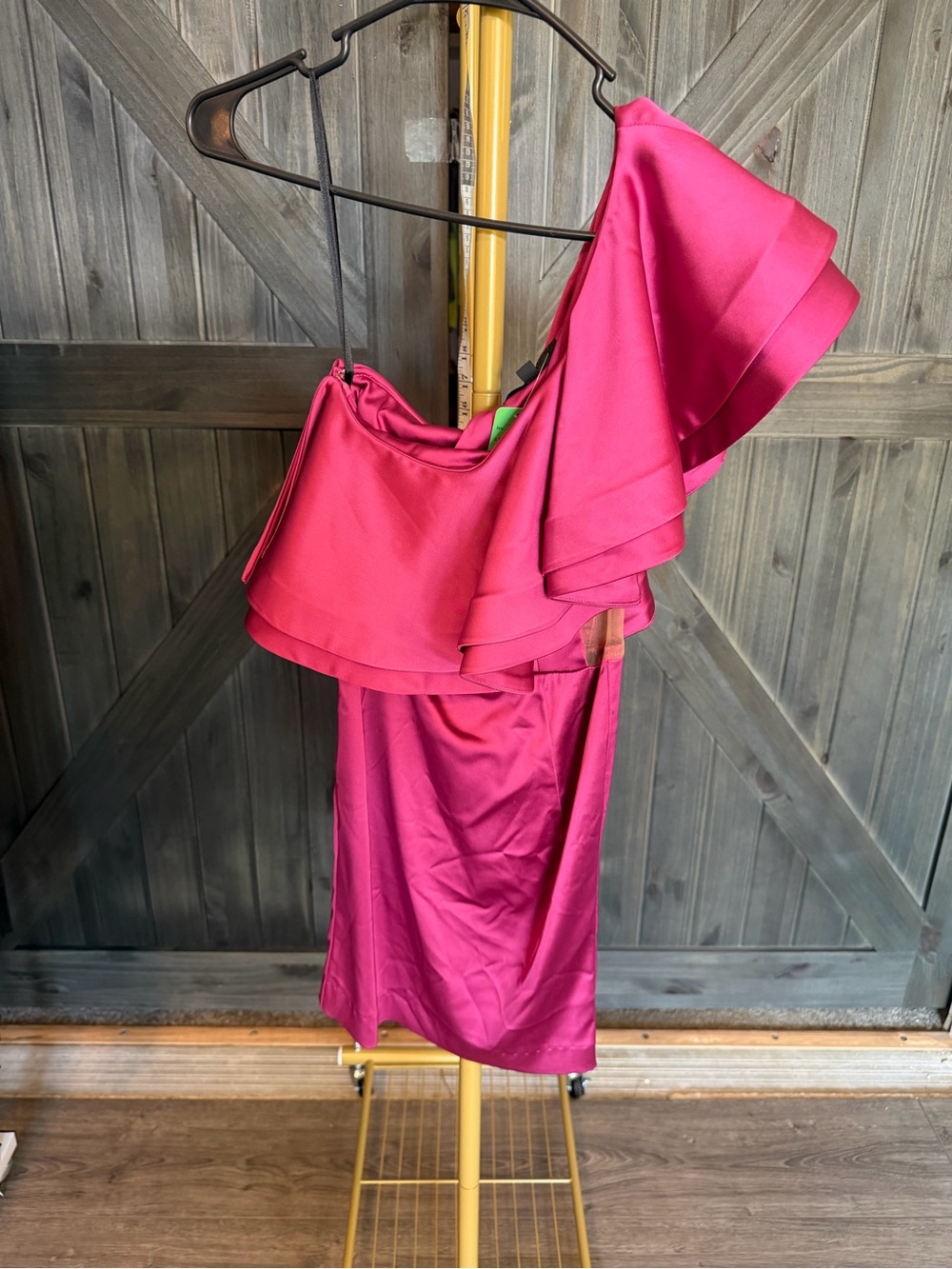 Michael Costello Fuchsia One-Shoulder Ruffle Midi Dress
